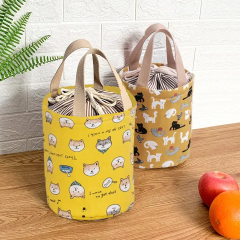Japanse Stijl Geïsoleerde Lunchtas Canvas Ronde Emmer Bento Tas Student Draagbare Thermische Voedsel Opslag Handtas