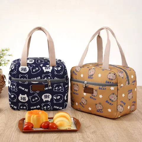 Verstevigde Canvas Lunchtas Schattige Cartoon Kat Print Geïsoleerde Tas Draagbare Bento Maaltijd Opslag Handtas