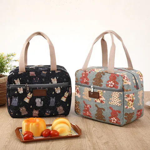 Verstevigde Canvas Lunchtas Schattige Cartoon Kat Print Geïsoleerde Tas Draagbare Bento Maaltijd Opslag Handtas