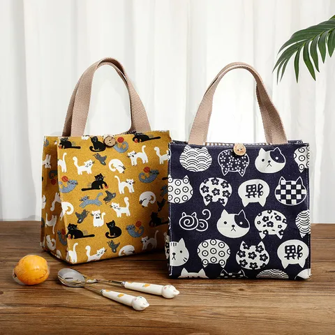 Japans Canvas Lunchtas Waterdichte Draagbare Bento Tas Leuke Cartoon Dierenprint Voedsel Opbergtas Voor Kantoor Student