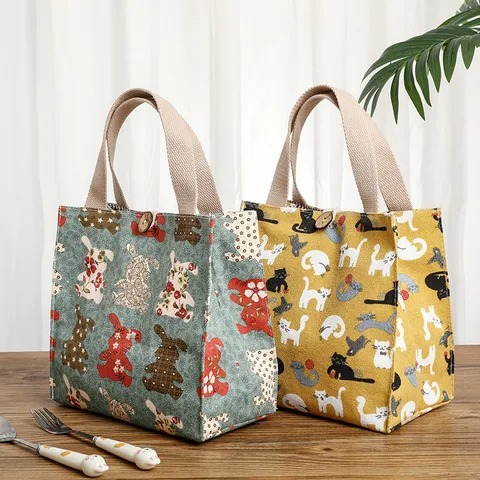 Japans Canvas Lunchtas Waterdichte Draagbare Bento Tas Leuke Cartoon Dierenprint Voedsel Opbergtas Voor Kantoor Student