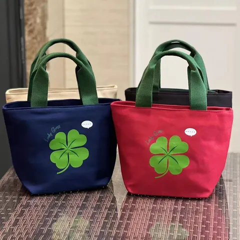 Japanese Minimalist Thickened Canvas Lunch Bag Four Leaf Clover Bento Bag With Water Bottle Holder Handbag