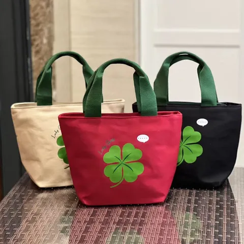 Japanese Minimalist Thickened Canvas Lunch Bag Four Leaf Clover Bento Bag With Water Bottle Holder Handbag