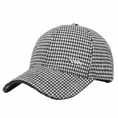 Women Fashion Houndstooth Baseball Cap Rhinestone Decorated Double Layer Warm Casual Sport Adjustable Hat