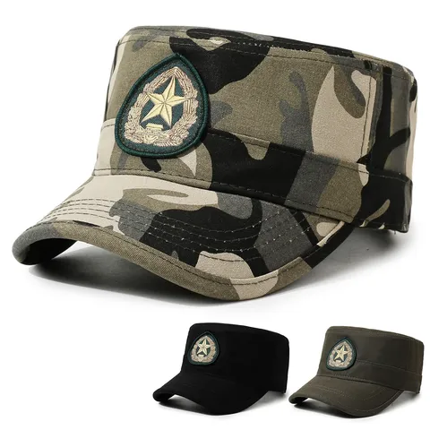 Unisex Camouflage Flat Top Military Cap Outdoor Sports Hiking Sun Protection Embroidered Cadet Hat