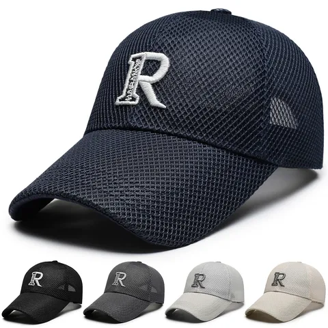 Summer Breathable Mesh Baseball Cap Unisex Letter R Embroidery Sun Protection Adjustable Sports Dad Hat