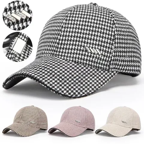 Women Fashion Houndstooth Baseball Cap Rhinestone Decorated Double Layer Warm Casual Sport Adjustable Hat