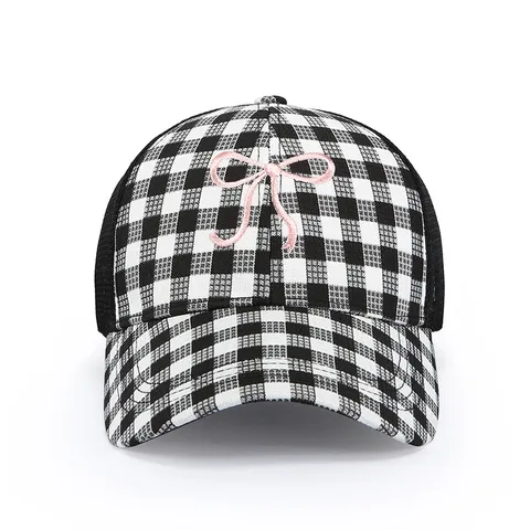 Women Summer Mesh Baseball Cap Cute Bowknot Embroidery Plaid Sun Protection Adjustable Casual Outdoor Visor Hat