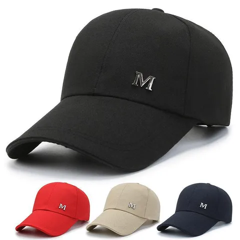 Men's Canvas Baseball Cap Extended Brim Metal M Logo Sun Protection Adjustable Dad Hat