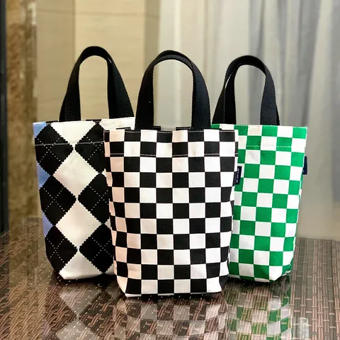 Canvas Mini Tote Tas Schattige Cartoon Ruitjesprint Casual Reistas Draagbare Herbruikbare Kleine Snack Beker Tas Voor Vrouwen