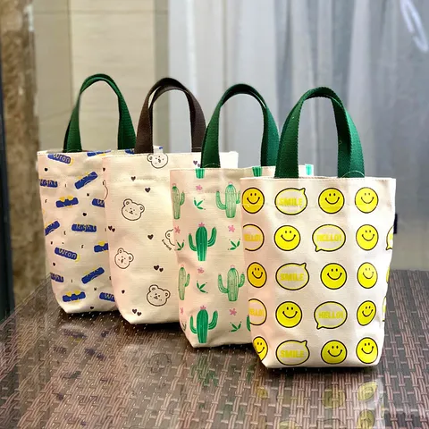 Canvas Mini Tote Tas Schattige Cartoon Ruitjesprint Casual Reistas Draagbare Herbruikbare Kleine Snack Beker Tas Voor Vrouwen