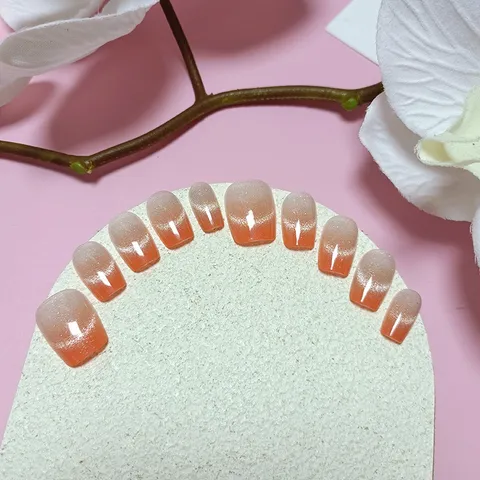 Handmade Gradient French Cat Eye Press On Nails Short Style Cat Eye Glitter False Nails Full Cover Artificial Nails For Women