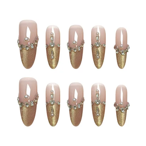 Uñas Postizas de Ojo de Gato Hechas a Mano Elegante Borde Dorado Francés Ovalado Perla Artificial Strass Uñas Postizas Mujer