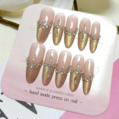 Uñas Postizas de Ojo de Gato Hechas a Mano Elegante Borde Dorado Francés Ovalado Perla Artificial Strass Uñas Postizas Mujer
