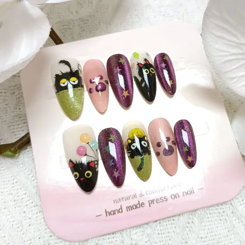 Uñas Postizas a Presión de Garra de Gato Almendra Ojo de Gato Resina Pintadas a Mano 3D Dibujos Animados Gel Uñas para Mujer