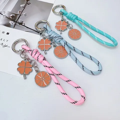 Glücks Vierblättriges Kleeblatt Schlüsselanhänger Süße Orangenscheibe Tasche Charme Gewebte Polyester Seil Schlüsselring Für Damen Schmuck