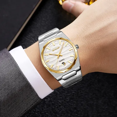 SKMEI Men's Quartz Watch Stainless Steel Waterproof Business Casual Wristwatch Octagonal Bezel Date Display Men Watch