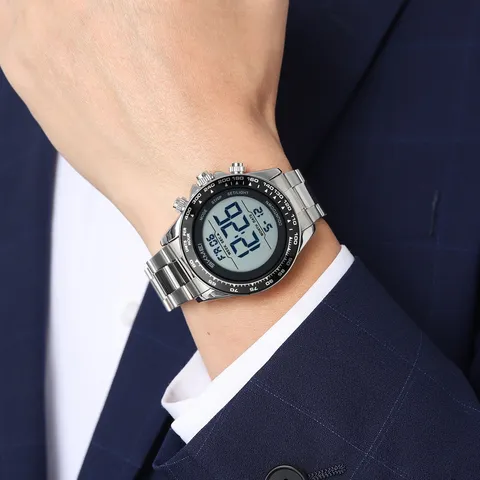 Reloj Electrónico Digital Multifuncional para Hombre Acero Inoxidable Impermeable Deportivo Reloj de Pulsera Casual de Negocios