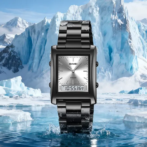 SKMEI Square Business Men Electronic Watch Stainless Steel Strap Waterproof Multifunctional Wristwatch