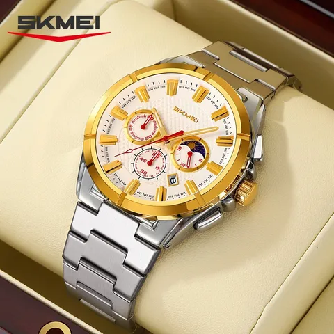 Men Quartz Watch Business Stainless Steel Strap Waterproof Luminous Three-Eye Six-Hand Calendar Wristwatch