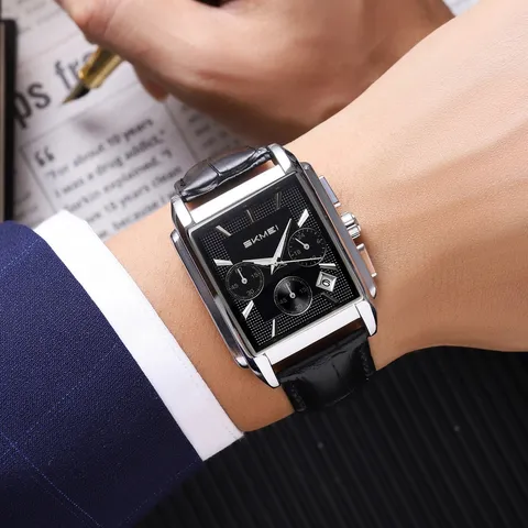Men Business Quartz Watch Square Dial Multifunction Sub Dials Stainless Steel Strap Waterproof Chronograph Wristwatch