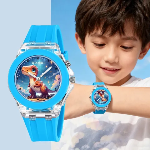 Skmei Kids Quartz Watch Transparent Case Silicone Strap Luminous Waterproof Student Cartoon Cute Animal Wristwatch