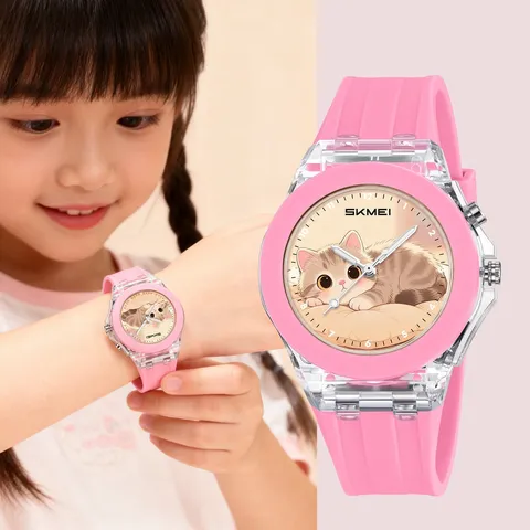 Skmei Kids Quartz Watch Transparent Case Silicone Strap Luminous Waterproof Student Cartoon Cute Animal Wristwatch