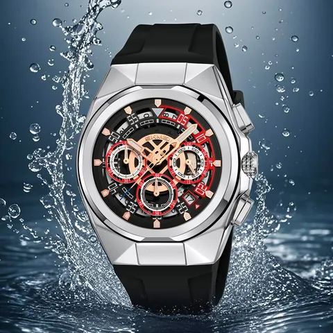 Men's Quartz Watch Multifunctional Hollow Dial Waterproof Luminous Sports Wristwatch Stainless Steel Case Silicone Strap