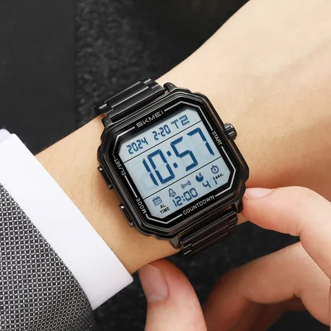 Men Waterproof Digital Electronic Watch Multifunctional Square Dial Steel Silicone Strap Fashion Sports Wristwatch