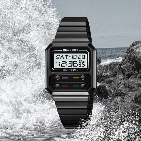 Men Vintage Business Electronic Watch Stainless Steel Strap Zinc Alloy Case Waterproof Digital Wristwatch