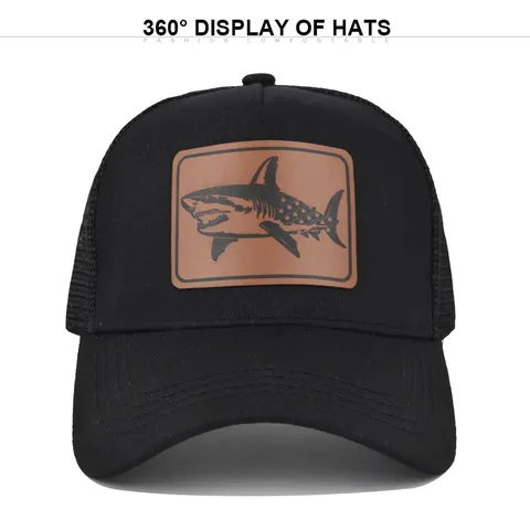 Gorra de Béisbol de Malla con Parche de Cuero de Tiburón Transpirable Visera Curva Gorra Trucker Ajustable Snapback Sombrero de Sol para Hombre Mujer