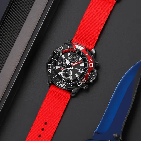 Men's Quartz Watch Three-Eye Six-Hand Multifunctional Sports Wristwatch Waterproof Nylon Strap Casual Fashion