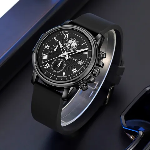 Men's Business Casual Quartz Watch Silicone Strap Waterproof Chronograph Wristwatch Roman Numeral Dial Calendar Fashion Watch
