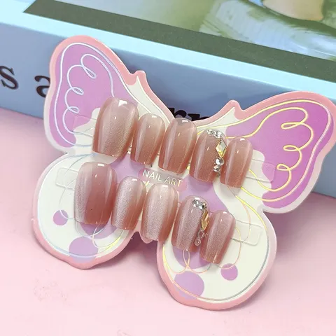 Uñas a Presión Ojo de Gato para Niños Cortas Uñas Postizas Strass Mariposa Rosa Pasta de Frijol Uñas Artificiales