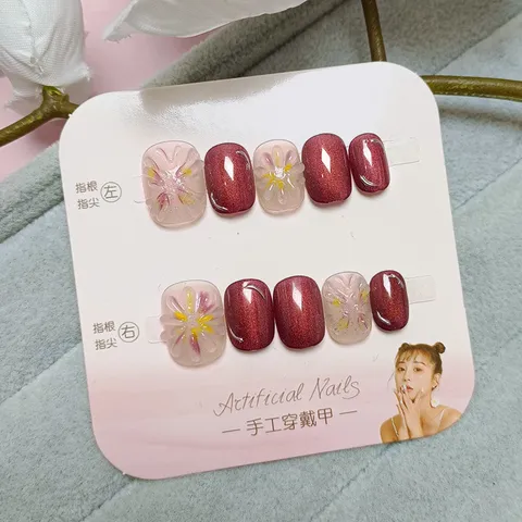 Uñas a Presión de Ojo de Gato Dulces Cortas Redondas Cuadradas de Plástico Uñas Postizas Fuegos Artificiales Coloridos 3D Flores Uñas Artificiales para Mujeres