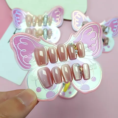 Uñas a Presión Ojo de Gato para Niños Cortas Uñas Postizas Strass Mariposa Rosa Pasta de Frijol Uñas Artificiales