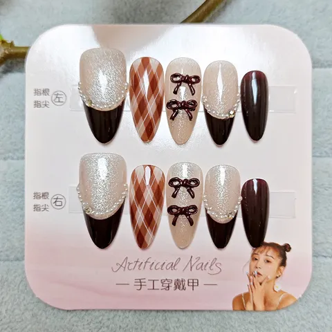 Uñas Postizas Francesas Hechas a Mano Con Lazo Perla Artificial Strass Ojo de Gato Cuadrícula Forma de Almendra Reutilizables