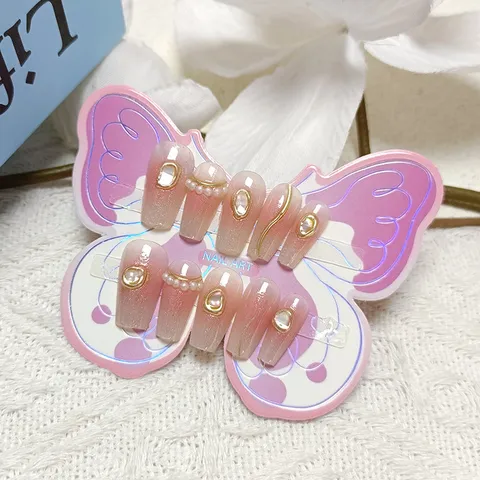 Uñas Postizas a Presión Rosa Degradado Dopamina Dulce Decoración Concha Perla Polvo Espejo Forma Ataúd Corta para Niños Adolescentes Manicura