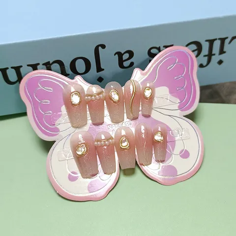 Uñas Postizas a Presión Rosa Degradado Dopamina Dulce Decoración Concha Perla Polvo Espejo Forma Ataúd Corta para Niños Adolescentes Manicura