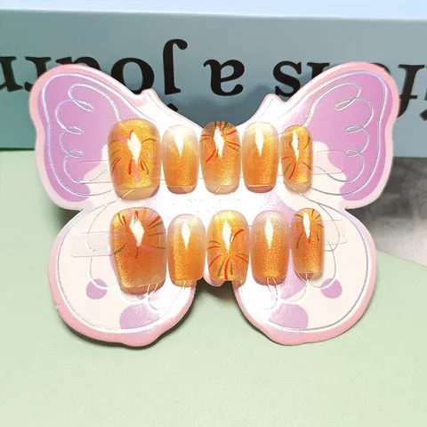 Uñas Postizas de Ojo de Gato para Niños Degradado Amarillo Hecho a Mano Uñas Falsas Fuegos Artificiales Arte de Uñas para Niñas