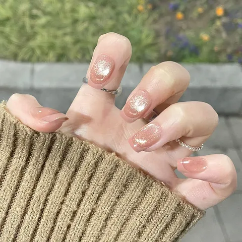 Estilo Francés Dulce Ojo De Gato Uñas Postizas A Presión Cielo Estrellado Brillo Hecho A Mano Uñas Artificiales Para Mujeres
