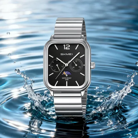 Men Square Quartz Watch Stainless Steel Business Casual Multifunctional Chronograph Wristwatch Waterproof Male Clock