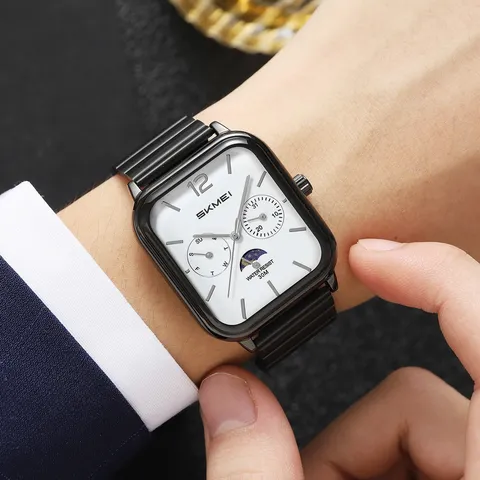 Men Square Quartz Watch Stainless Steel Business Casual Multifunctional Chronograph Wristwatch Waterproof Male Clock