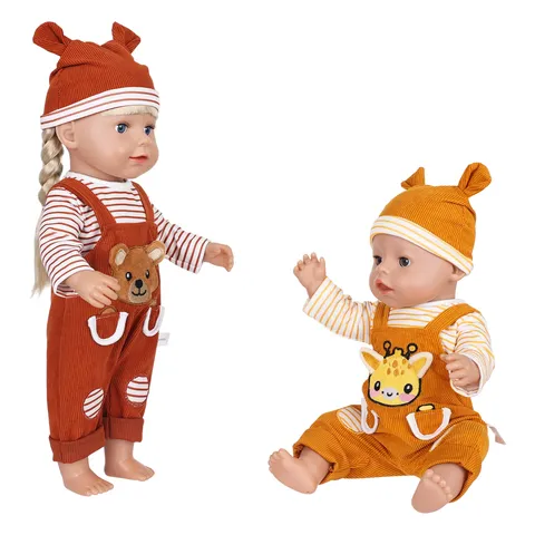 Joli Ensemble de Vêtements de Poupée Animaux de Dessin Animé Salopette en Velours Côtelé Chapeau Chemise Rayée Tenue Trois Pièces pour Poupées de Dix-Huit Pouces