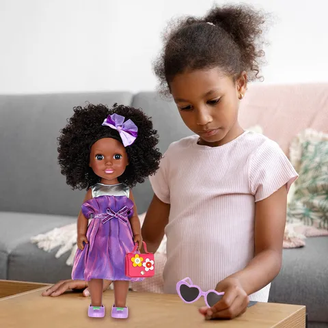 Black Girl Doll With Afro Hair Purple Fashion Dress Shoes Handbag Accessories For Kids Birthday Gift Surprise African American Doll Set