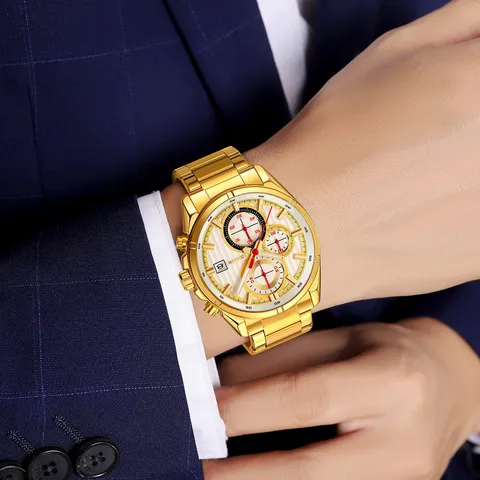 Men's Business Quartz Watch Stainless Steel Strap Multifunctional Three-Eye Six-Hand Chronograph Waterproof Wristwatch