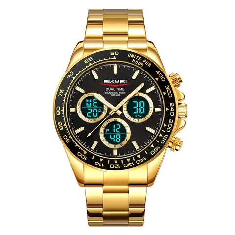 Men Stainless Steel Multifunctional Electronic Watch Dual Display Sports Quartz Wristwatch Waterproof Chronograph