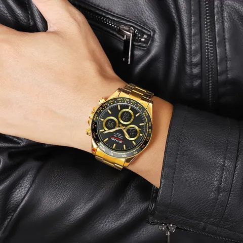 Men Stainless Steel Multifunctional Electronic Watch Dual Display Sports Quartz Wristwatch Waterproof Chronograph