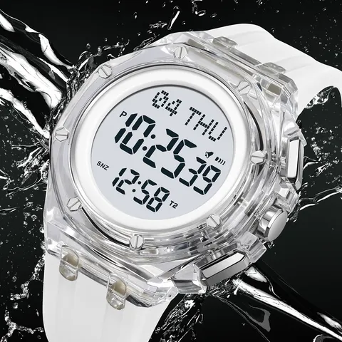 Men's Digital Watch Transparent Resin Case Silicone Strap Waterproof Multi-Function Sports Casual Wristwatch