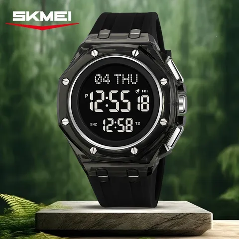 Men's Digital Watch Transparent Resin Case Silicone Strap Waterproof Multi-Function Sports Casual Wristwatch